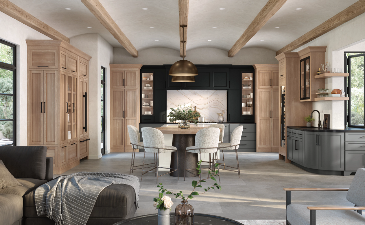 Kiba kitchen with black, gray, and natural cabinets