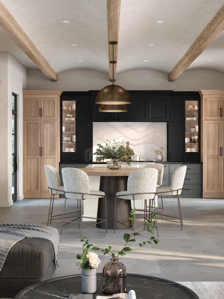 Kiba kitchen with black, gray, and natural cabinets