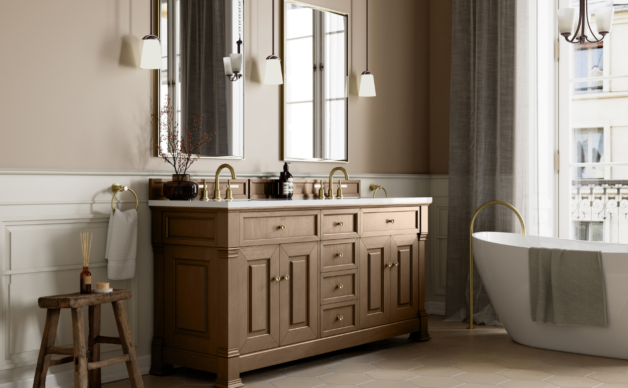 bathrooom vanity with two sinks, mirrors, and stylish blue cabinetry