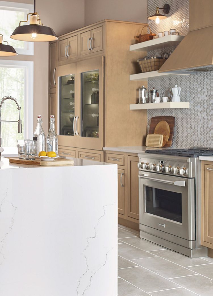 cabinet and kitchen lighting over island and floating shelves from Houston Kiba Studios