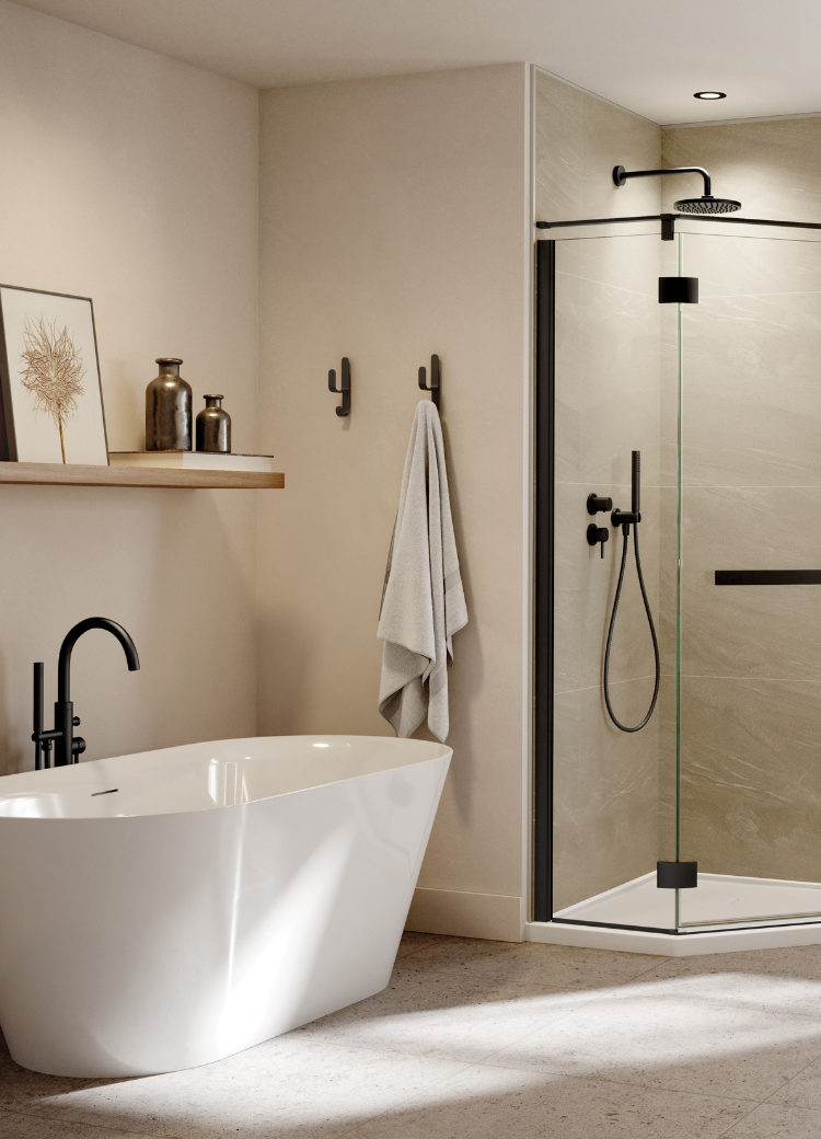 Black bath fixtures in a bathroom with freestanding tub and walk-in shower